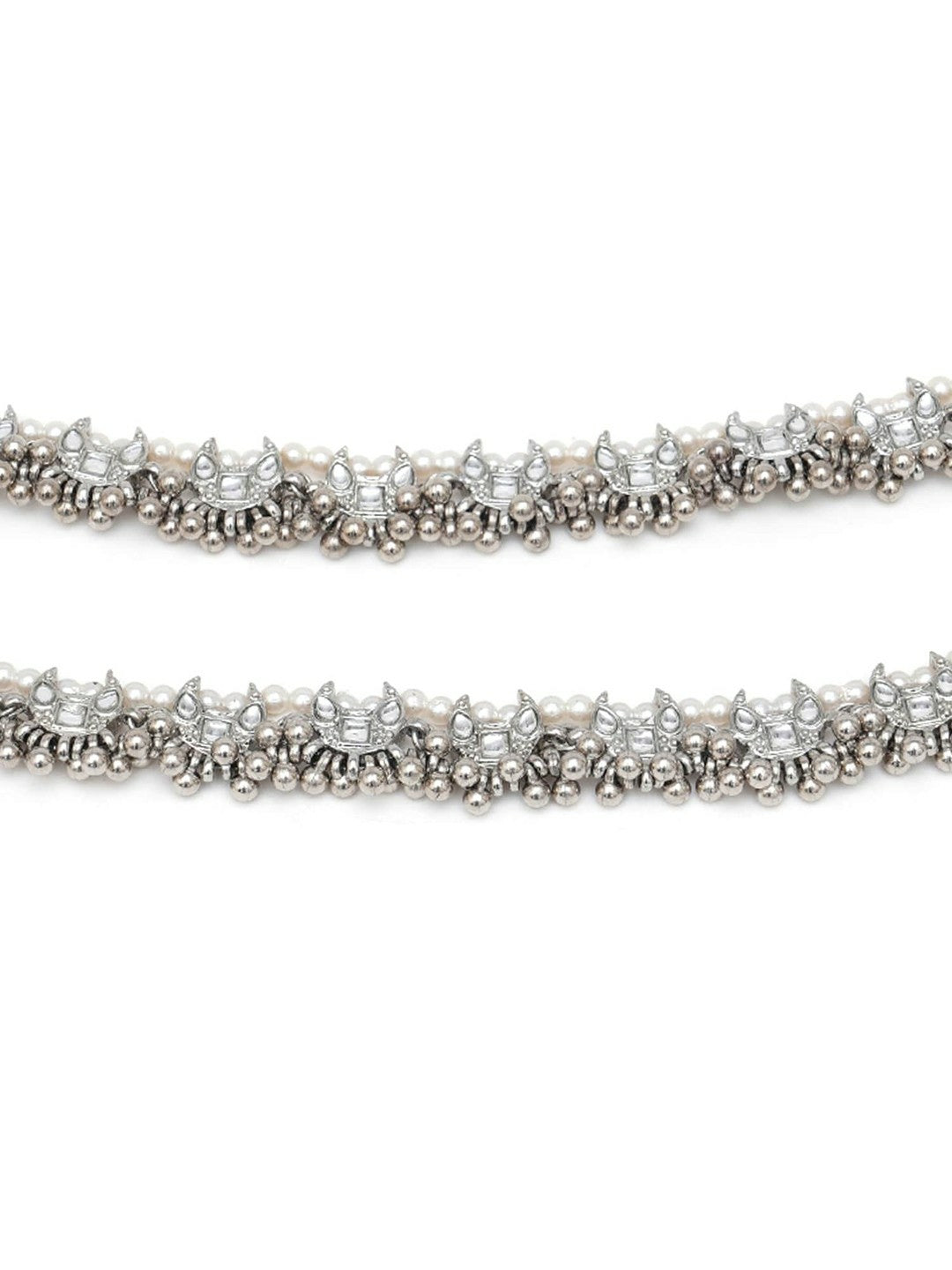 Set of 2 Silver-Plated White Oxidised Kundan-Studded Anklets for Women & Girls