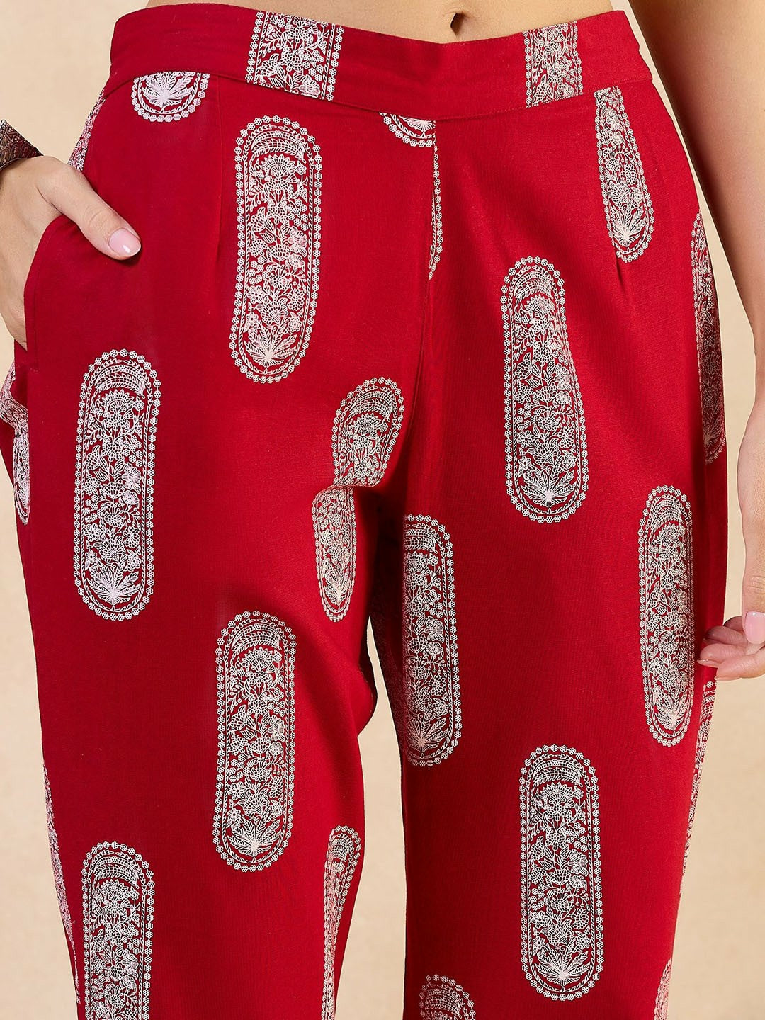 Red Ethnic Motif Printed Boat Neck Kurta with Trousers