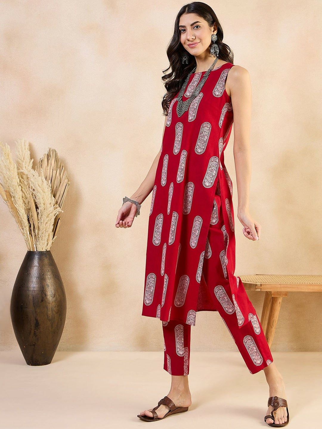 Red Ethnic Motif Printed Boat Neck Kurta with Trousers