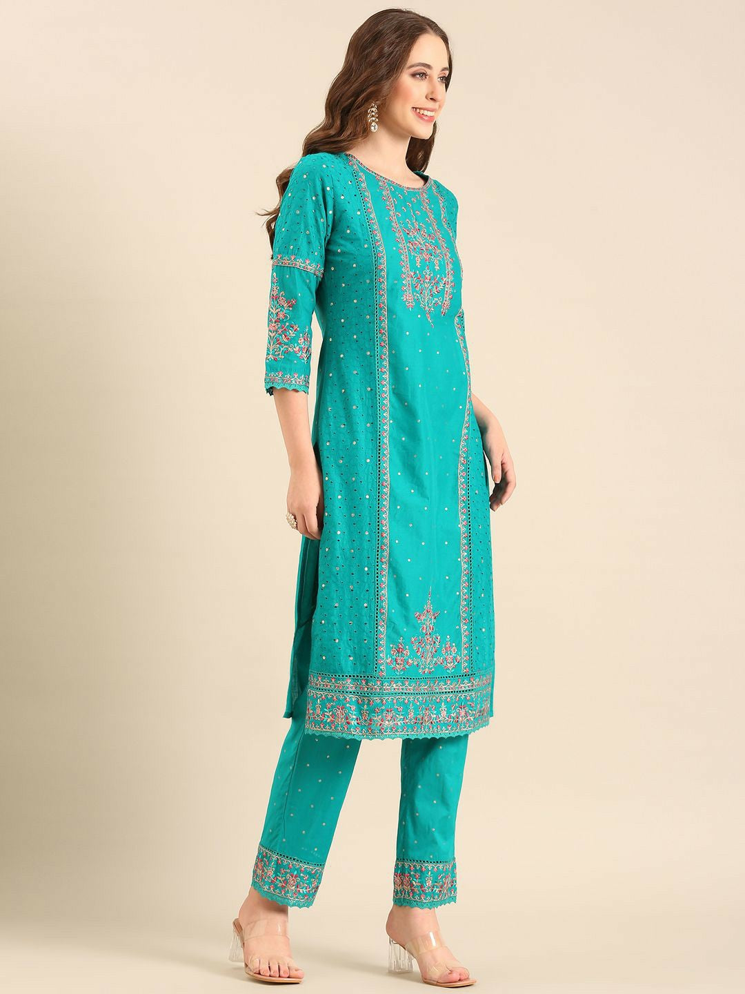 Blue Floral Embroidered Cotton Kurta Set with Dupatta – Elegant 3-Piece Set for Women