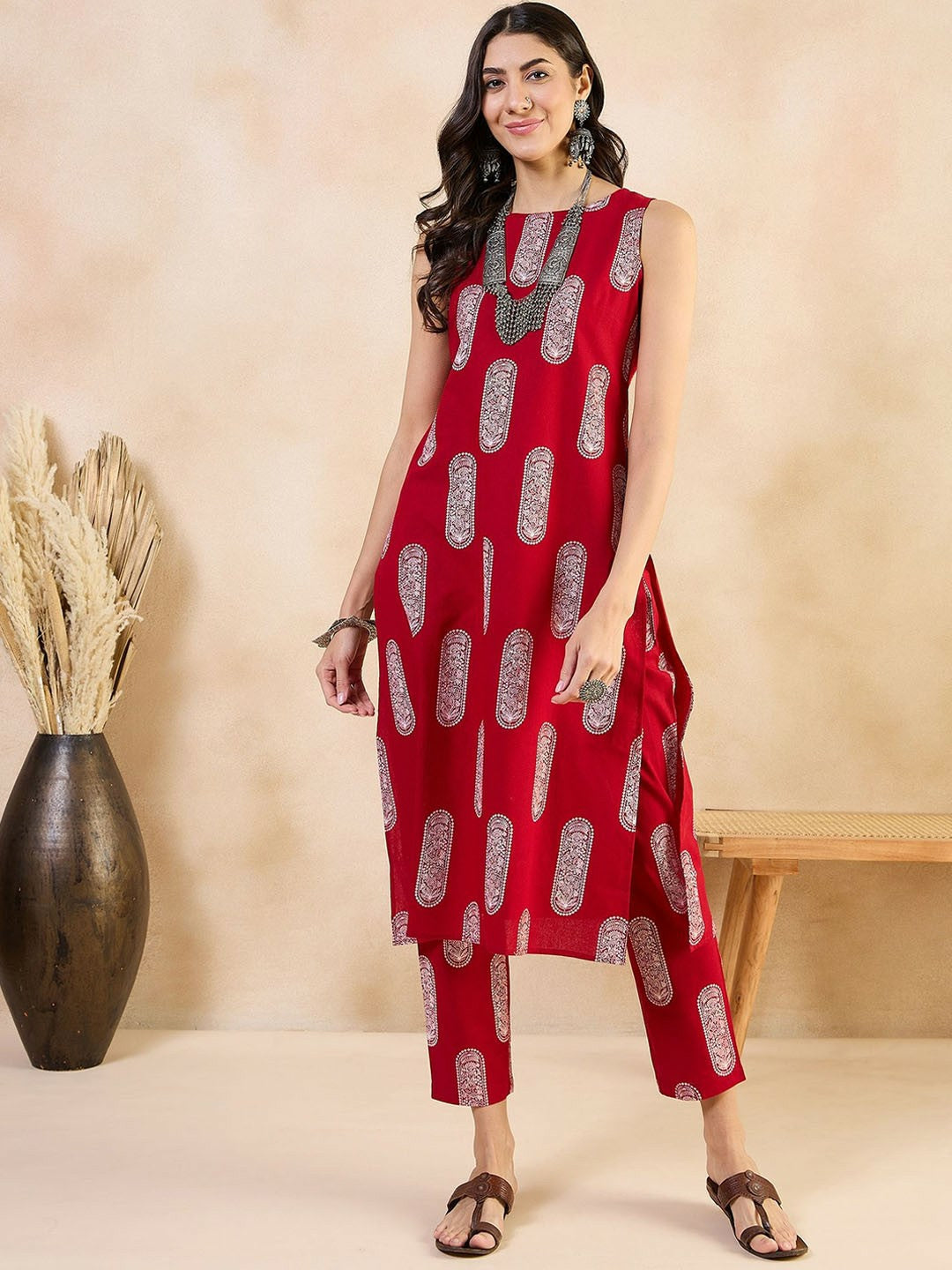 Red Ethnic Motif Printed Boat Neck Kurta with Trousers