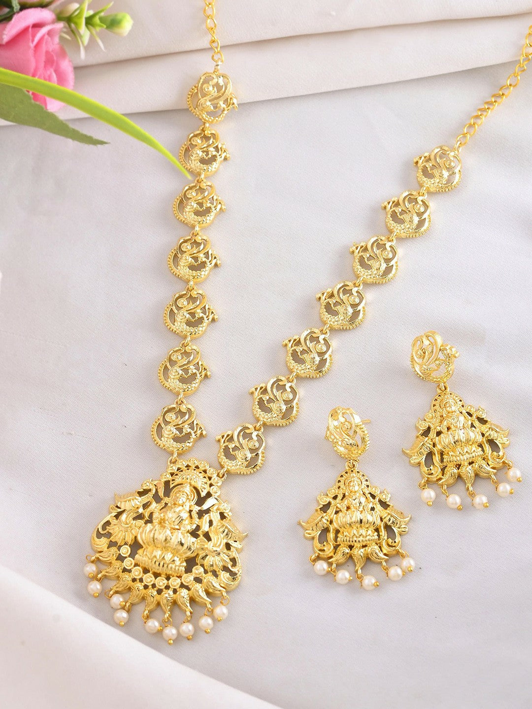 Gold Plated Anti Tarnish Temple Jewellery Set with Earrings