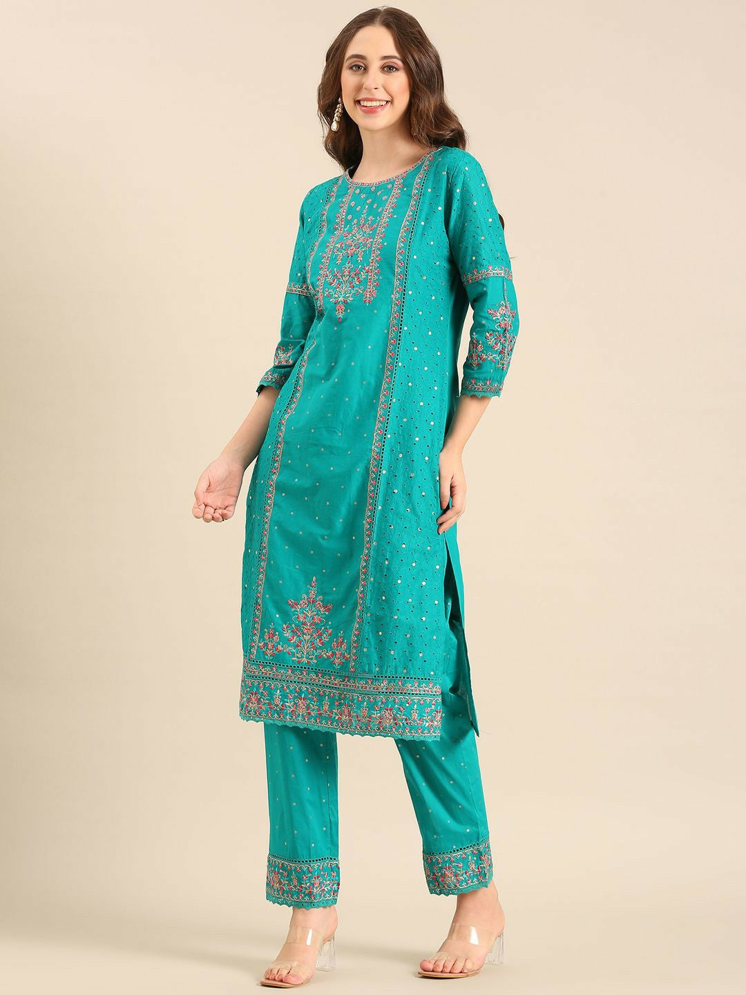 Blue Floral Embroidered Cotton Kurta Set with Dupatta – Elegant 3-Piece Set for Women