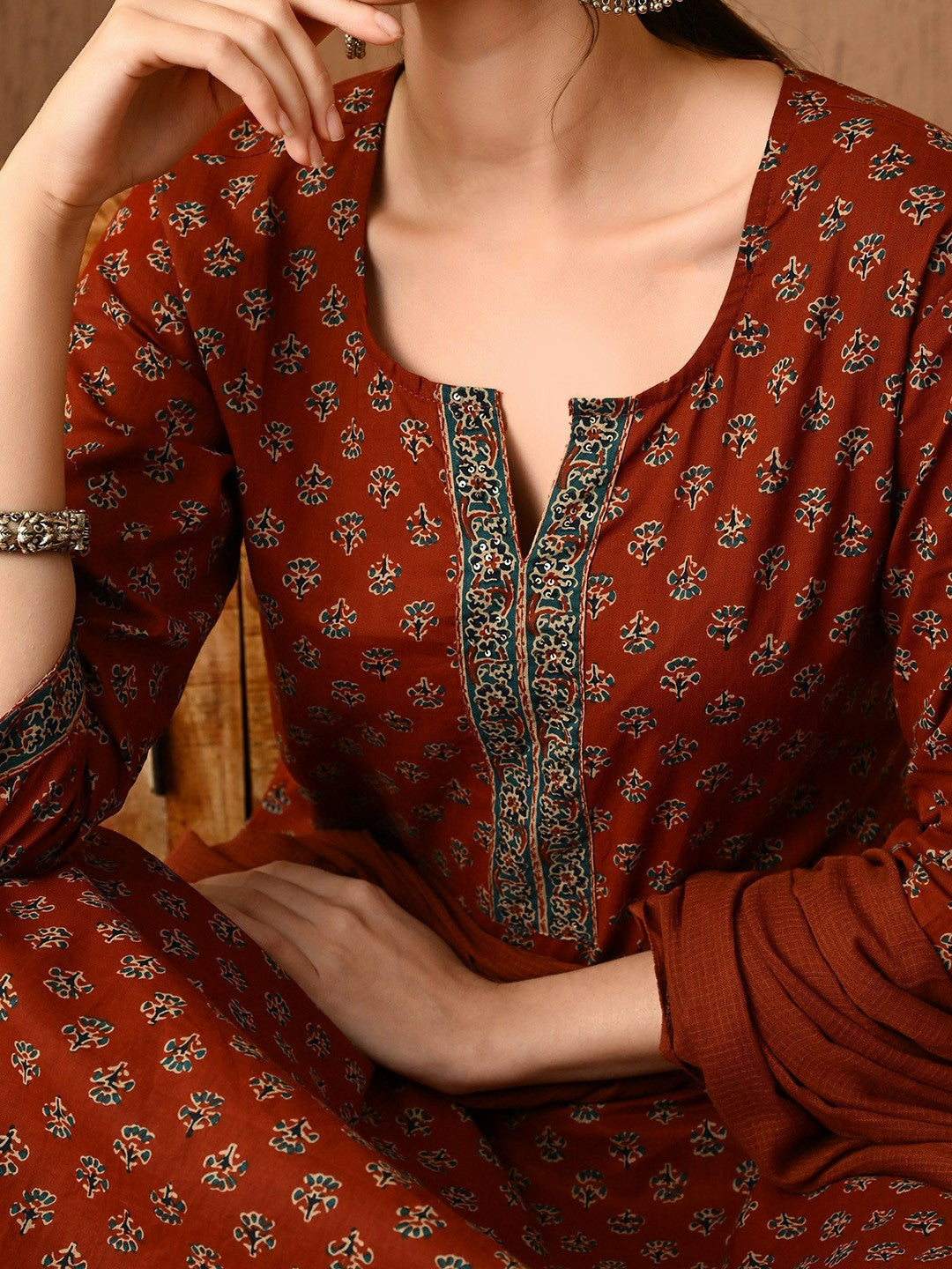 Brown Floral Printed Kurta with Trousers & Dupatta