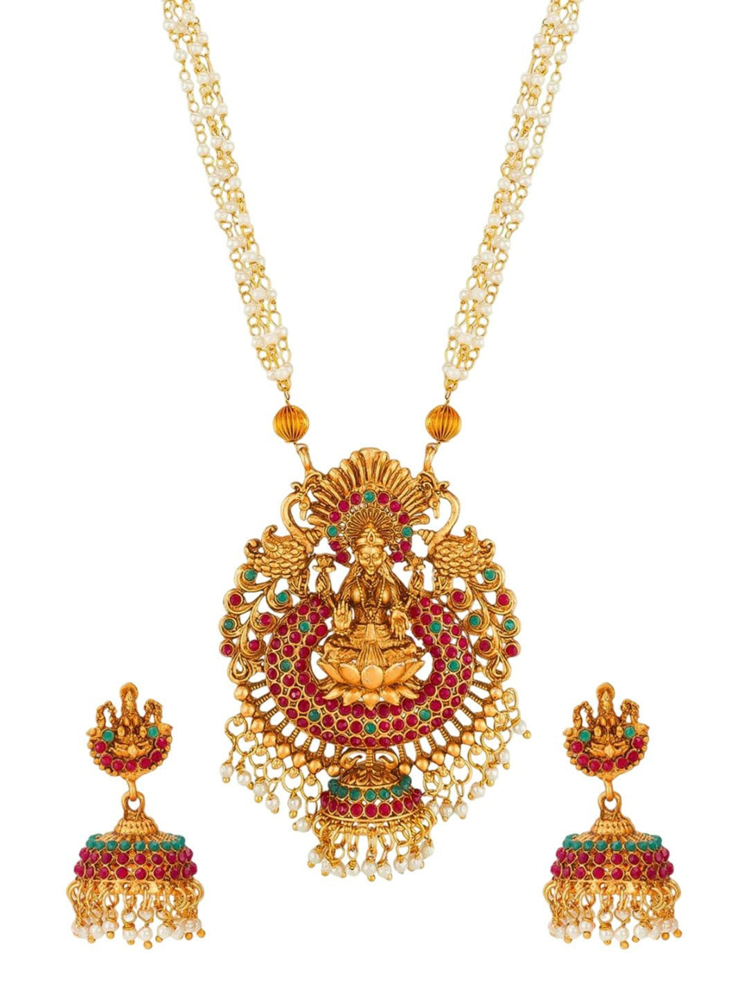 Gold-Plated Red & White CZ Beaded Choker Necklace Set with Earrings