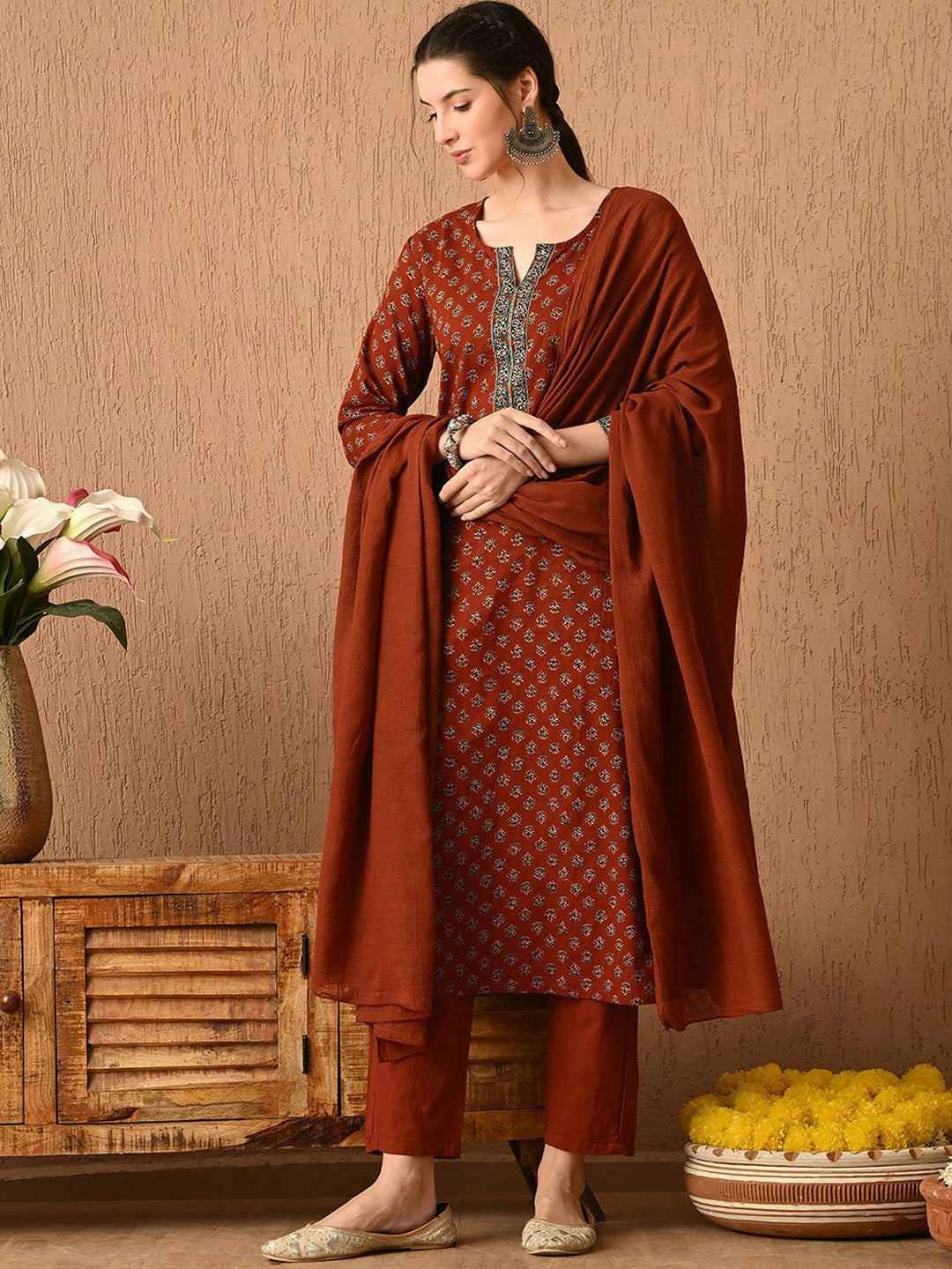 Brown Floral Printed Kurta with Trousers & Dupatta