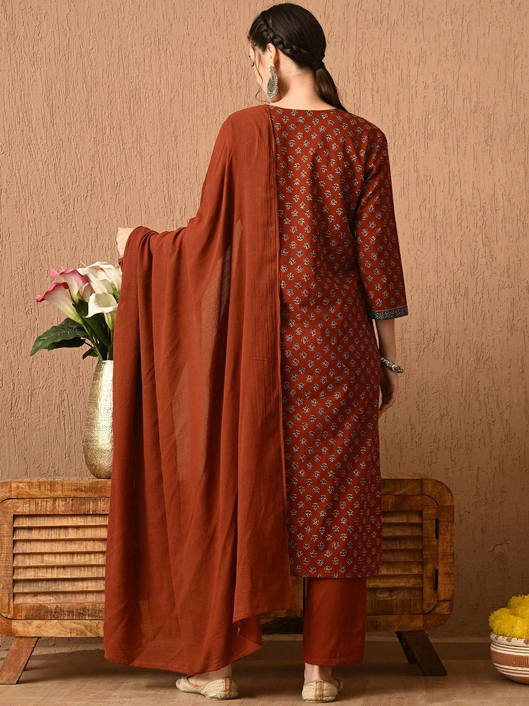 Brown Floral Printed Kurta with Trousers & Dupatta