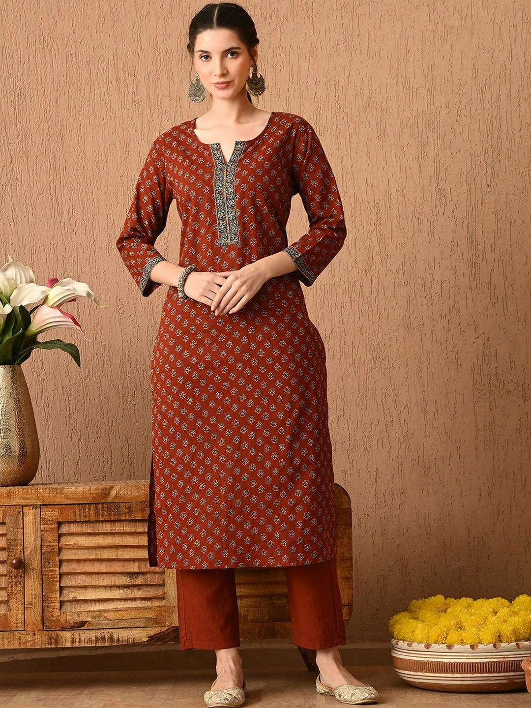 Brown Floral Printed Kurta with Trousers & Dupatta