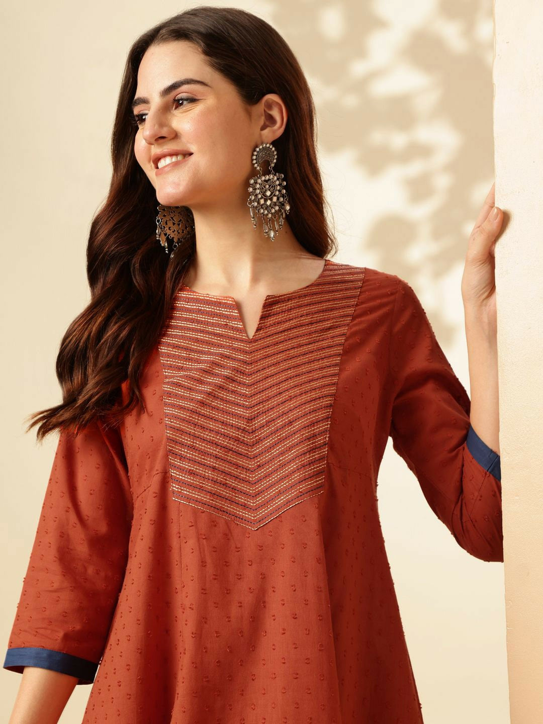 Rust Ethnic Motif Panelled A-Line Kurta with Trousers & Dupatta