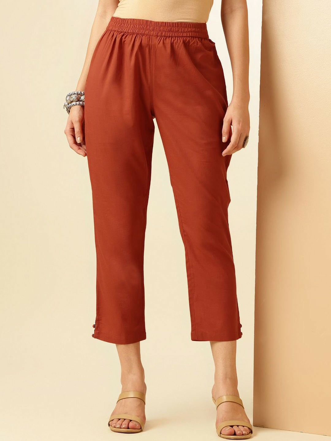 Rust Ethnic Motif Panelled A-Line Kurta with Trousers & Dupatta