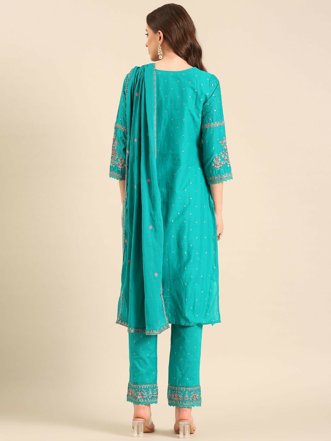 Blue Floral Embroidered Cotton Kurta Set with Dupatta – Elegant 3-Piece Set for Women
