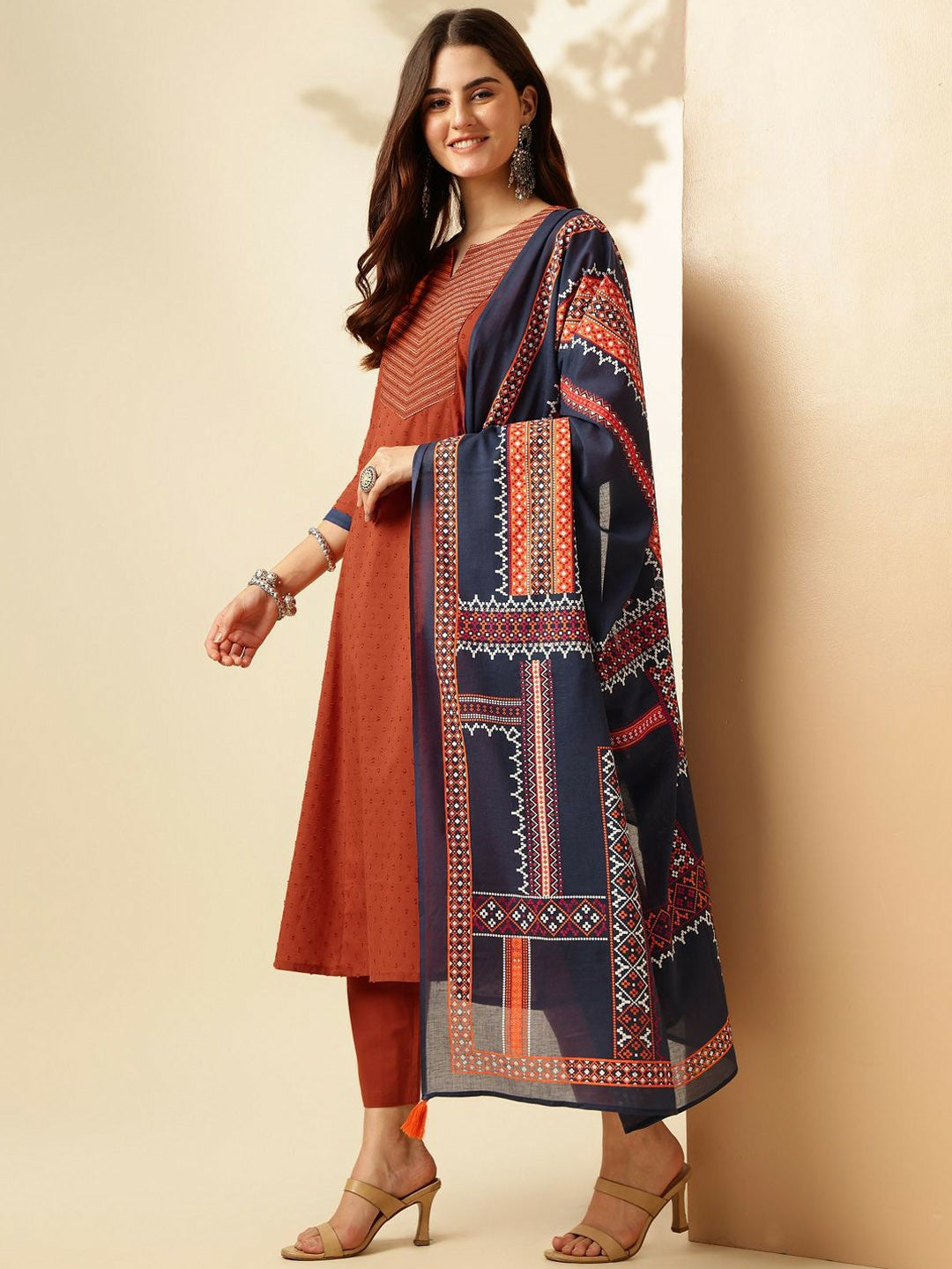 Rust Ethnic Motif Panelled A-Line Kurta with Trousers & Dupatta