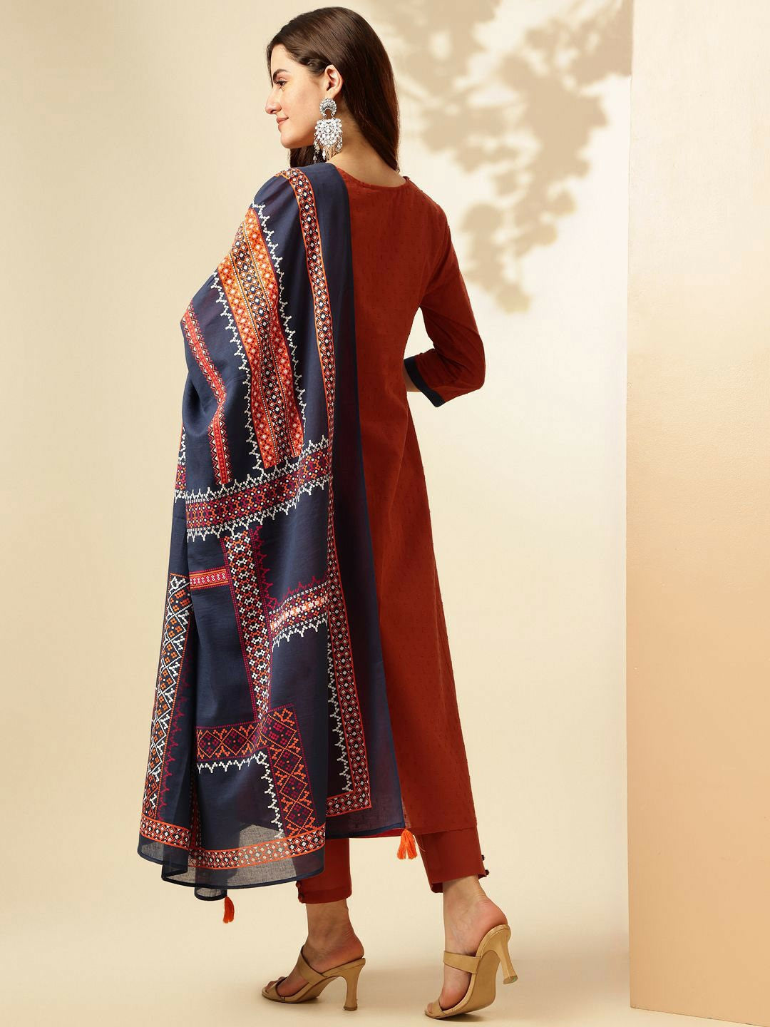 Rust Ethnic Motif Panelled A-Line Kurta with Trousers & Dupatta