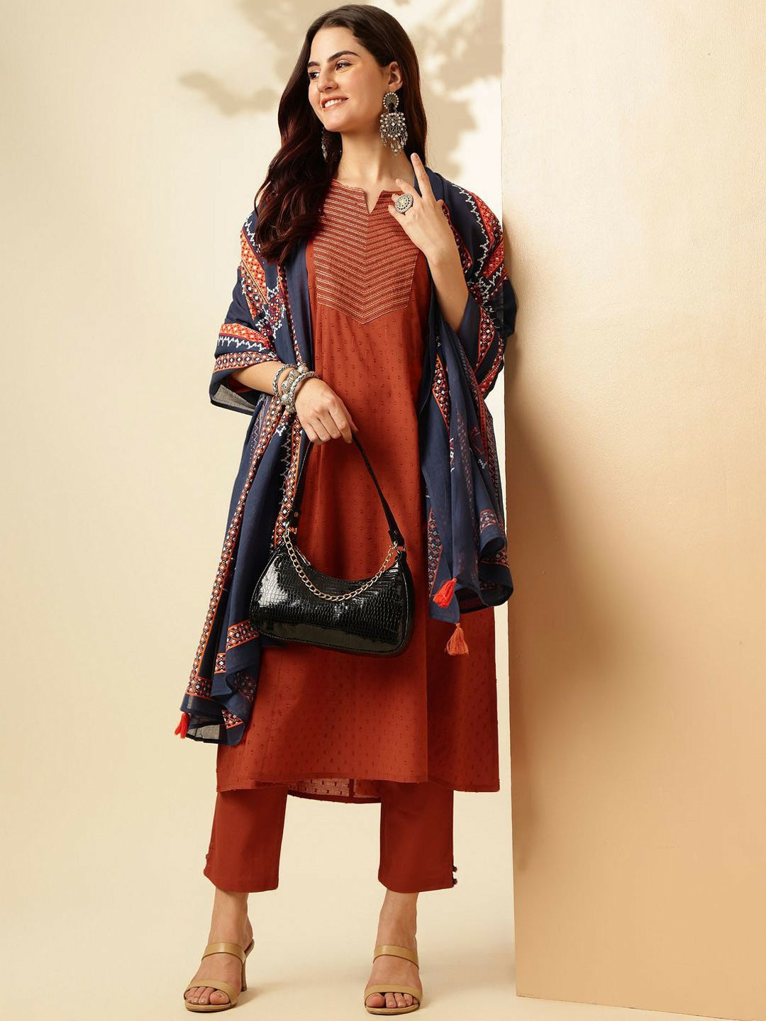 Rust Ethnic Motif Panelled A-Line Kurta with Trousers & Dupatta