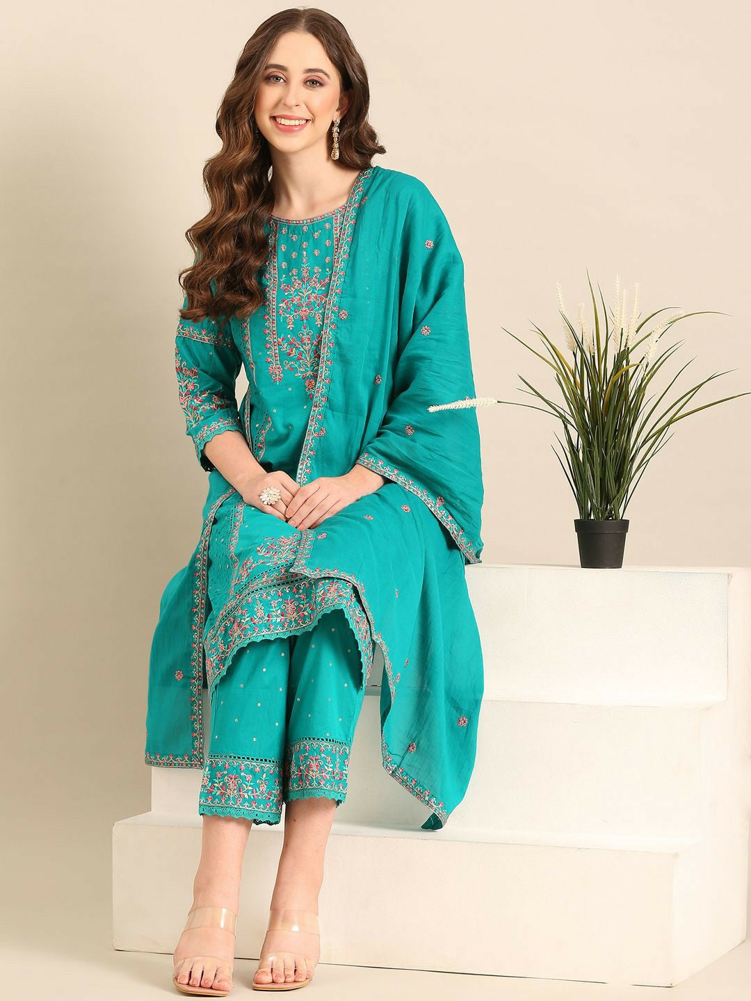 Blue Floral Embroidered Cotton Kurta Set with Dupatta – Elegant 3-Piece Set for Women