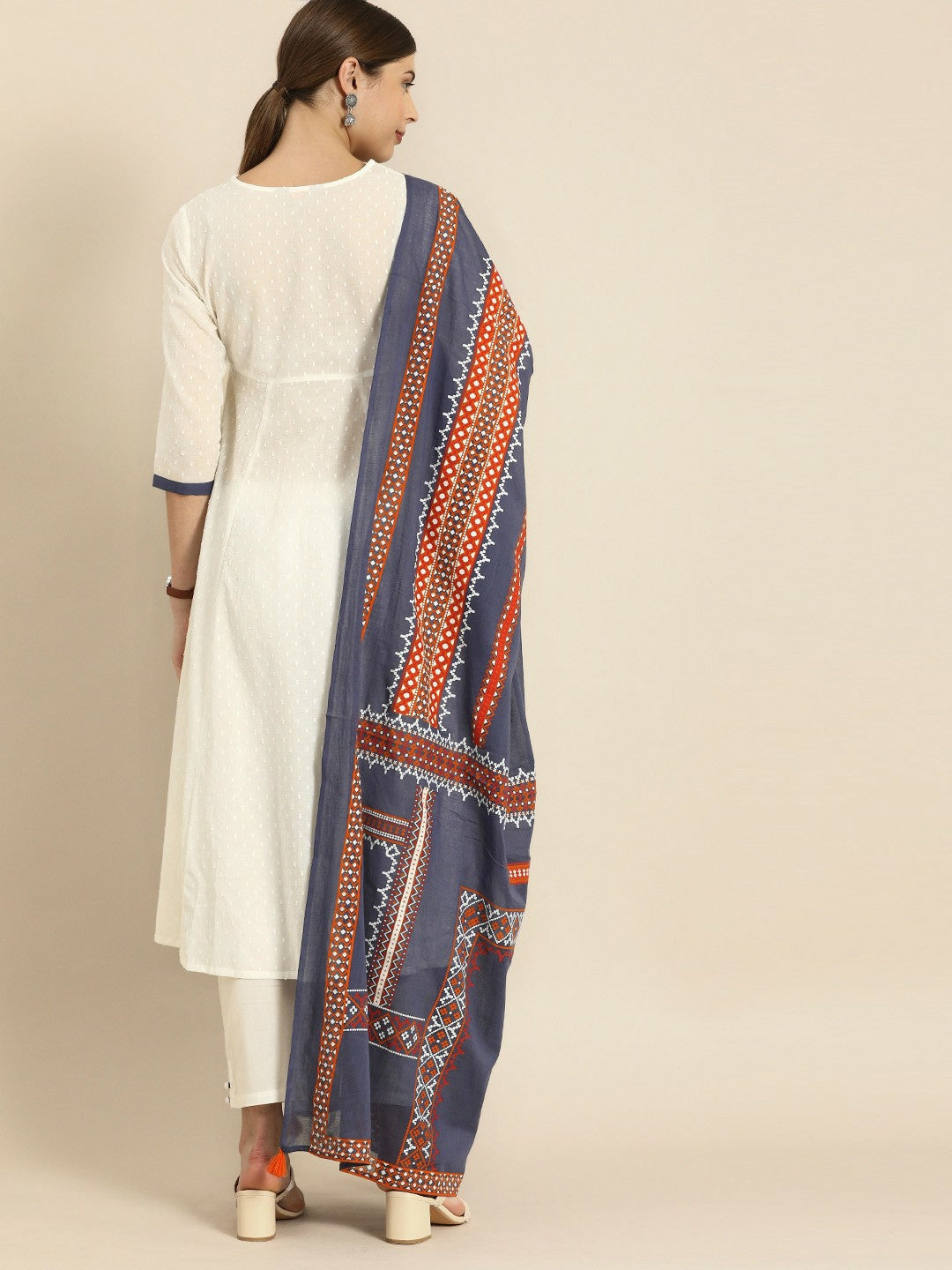 White Woven A-Line Kurta with Trousers & Dupatta