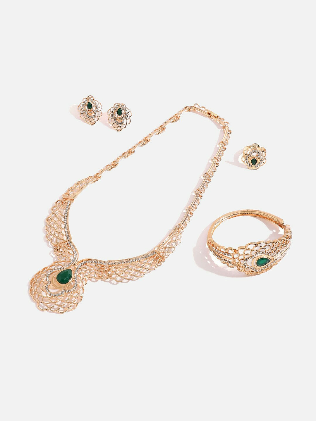 Green Stone-Studded Gold-Plated Necklace & Earrings