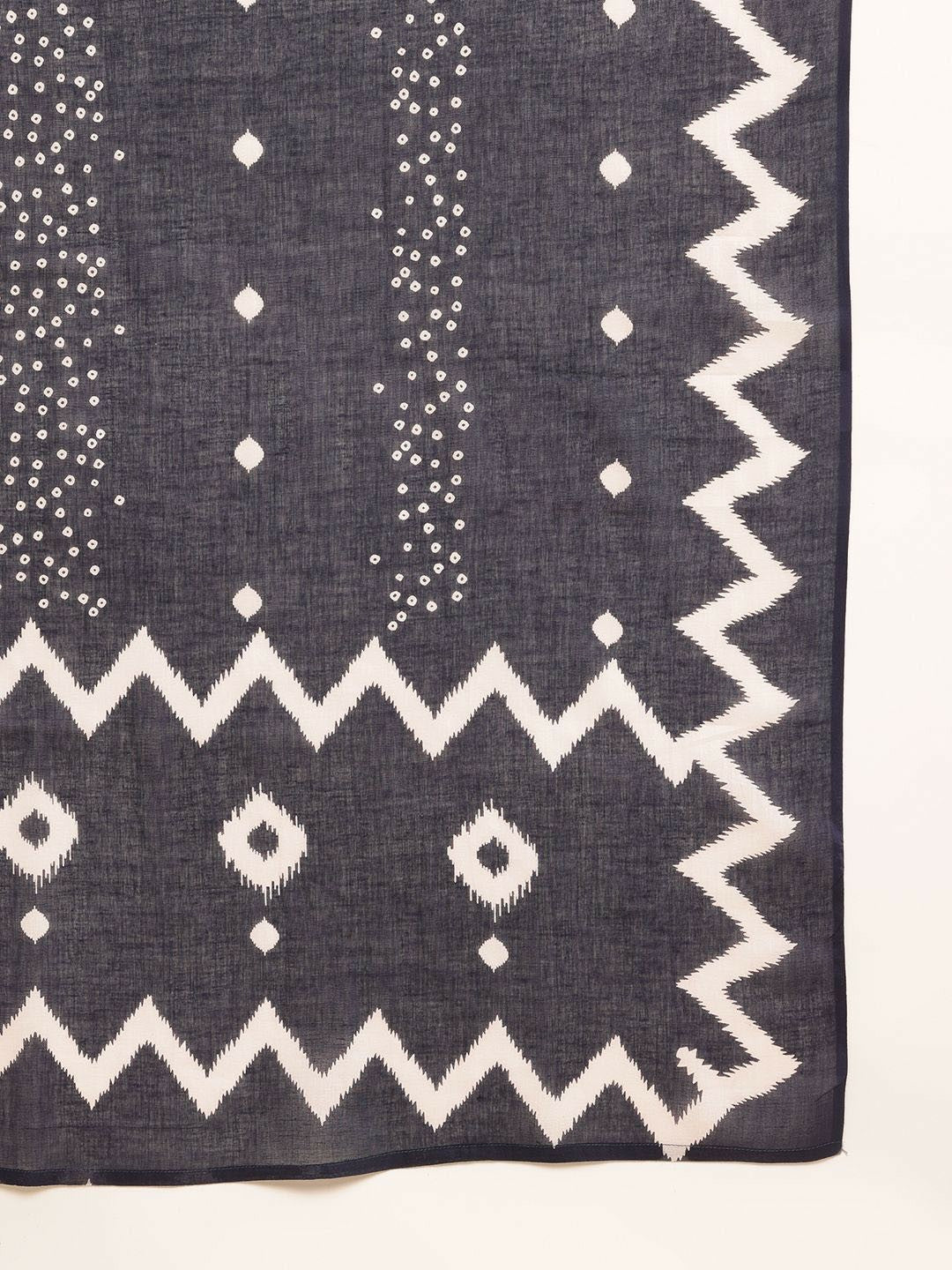 Navy Blue Ethnic Print Straight Kurta with Trousers & Dupatta