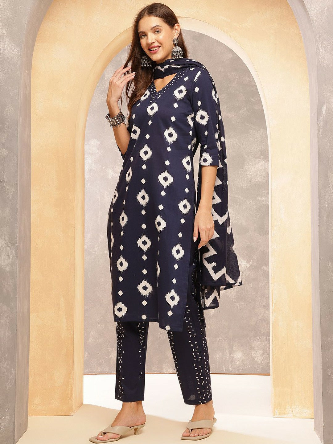 Navy Blue Ethnic Print Straight Kurta with Trousers & Dupatta