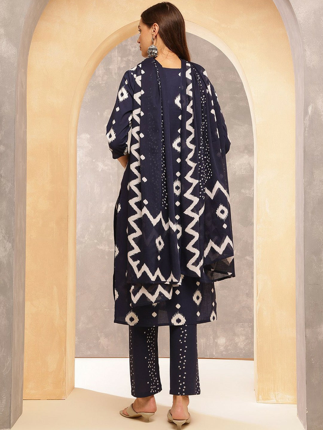 Navy Blue Ethnic Print Straight Kurta with Trousers & Dupatta