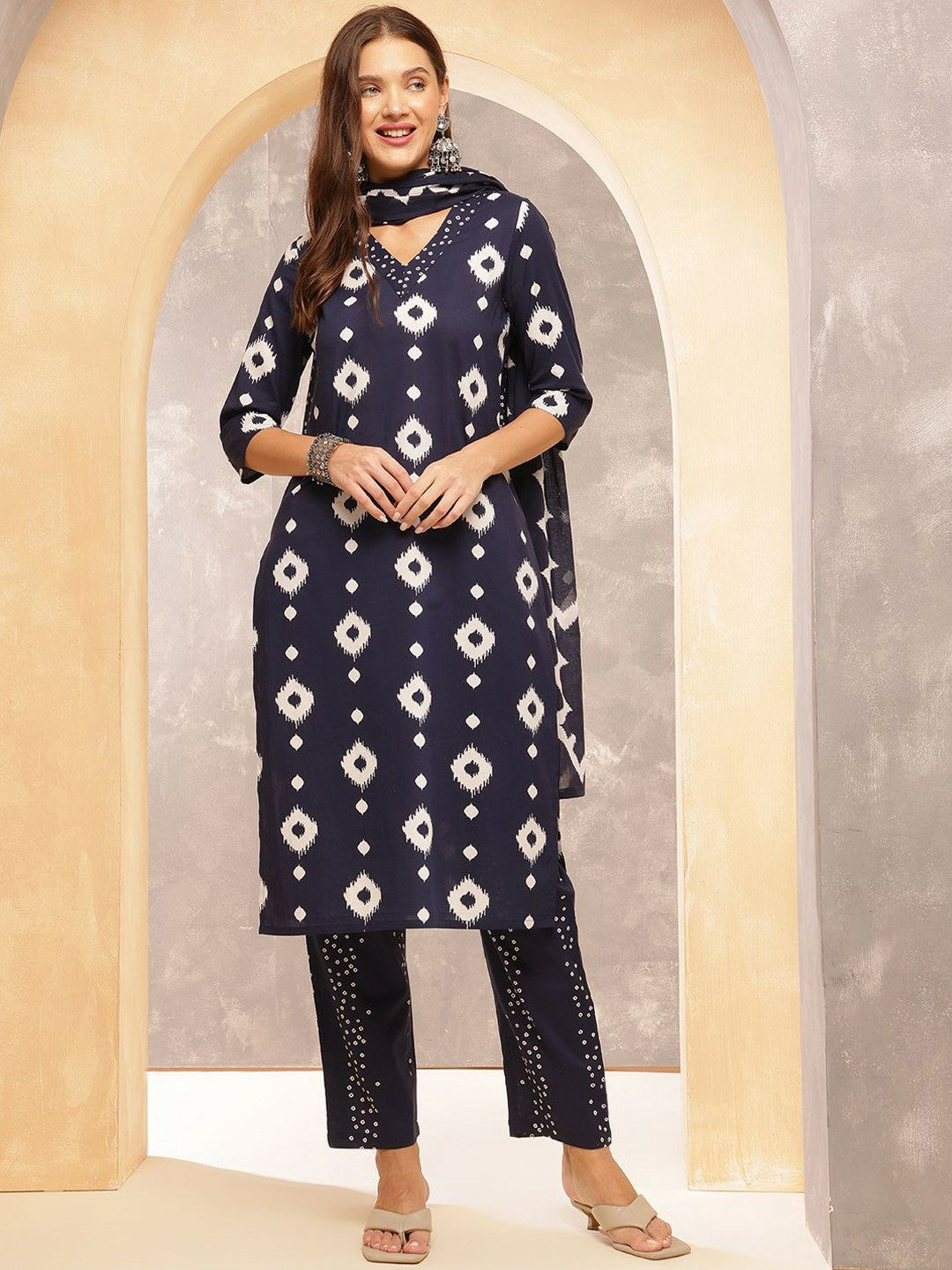 Navy Blue Ethnic Print Straight Kurta with Trousers & Dupatta