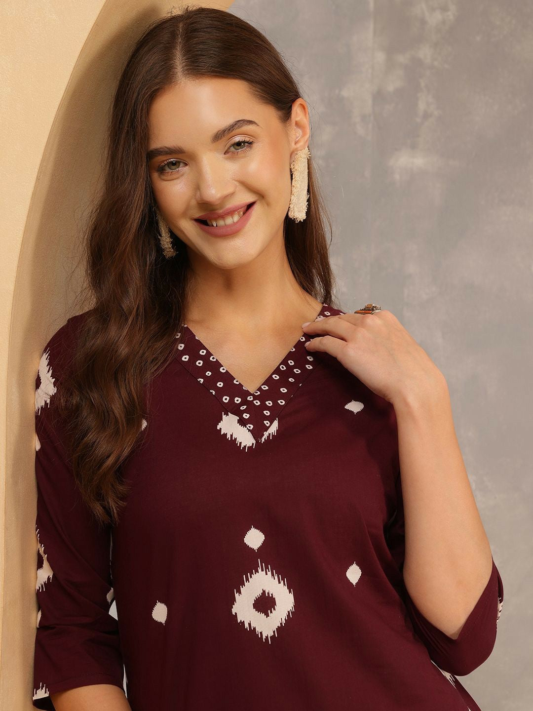 Burgundy Geometric Printed Cotton Kurta with Trousers & Dupatta