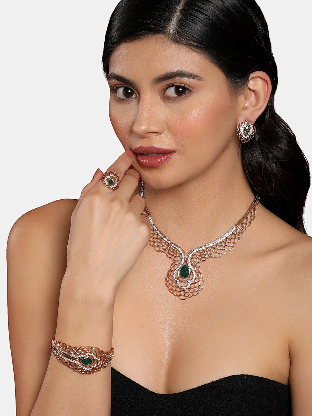 Green Stone-Studded Gold-Plated Necklace & Earrings