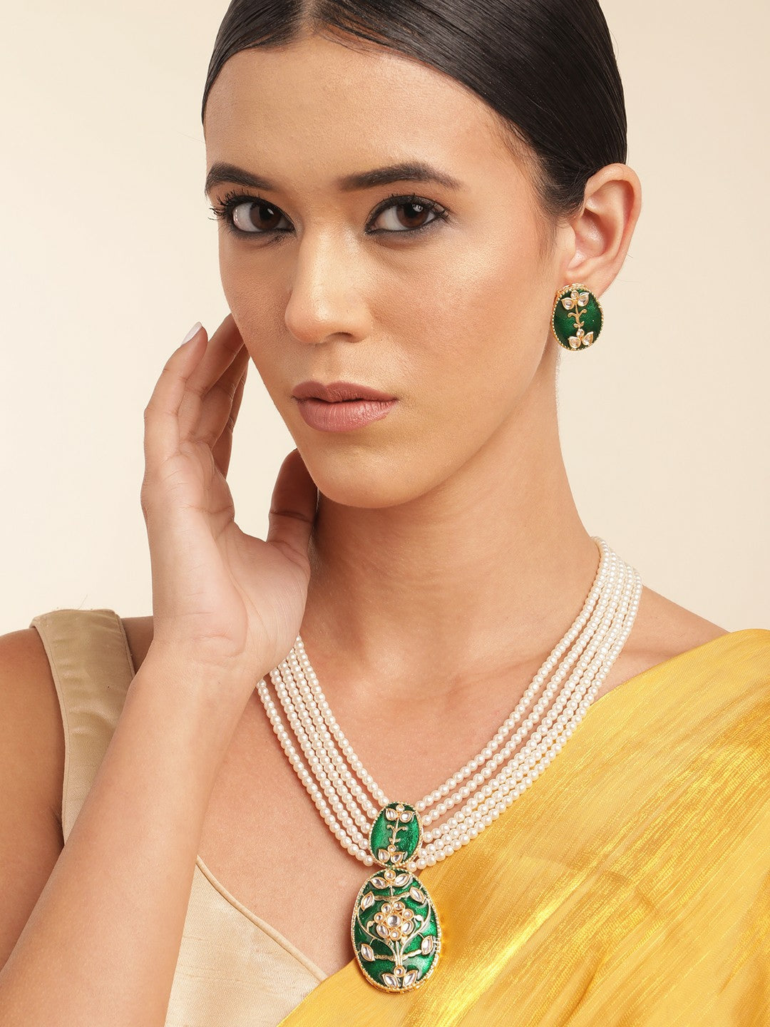 Gold Plated Kundan Studded Necklace & Earring Set with Layered Beads