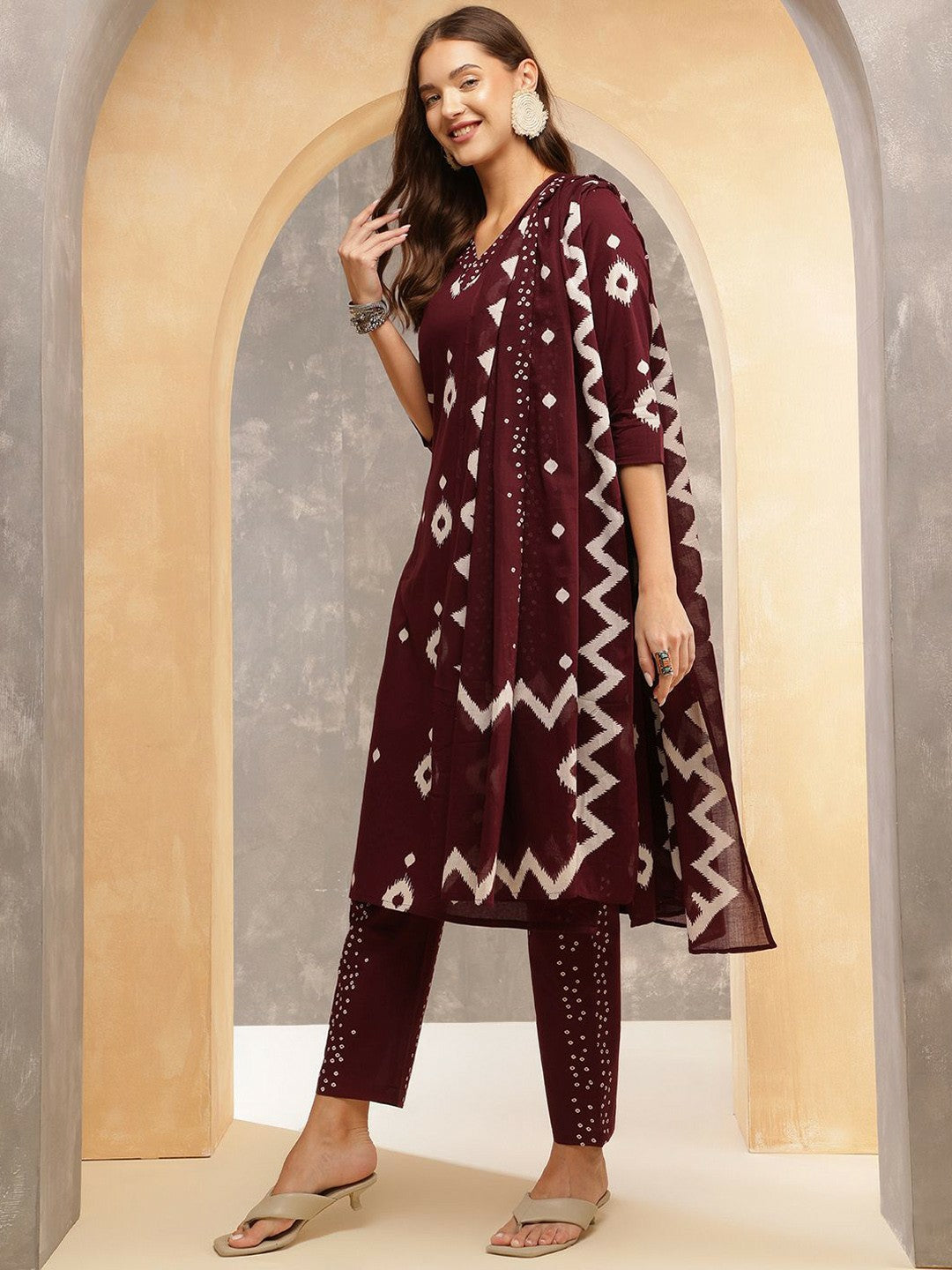 Burgundy Geometric Printed Cotton Kurta with Trousers & Dupatta