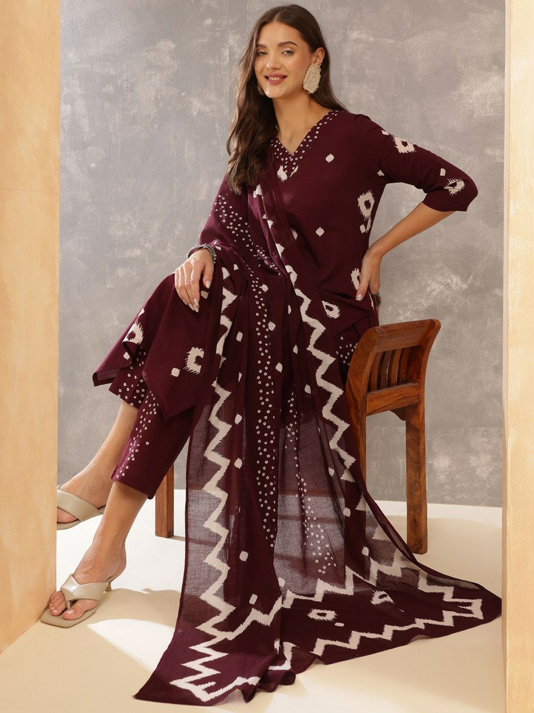 Burgundy Geometric Printed Cotton Kurta with Trousers & Dupatta
