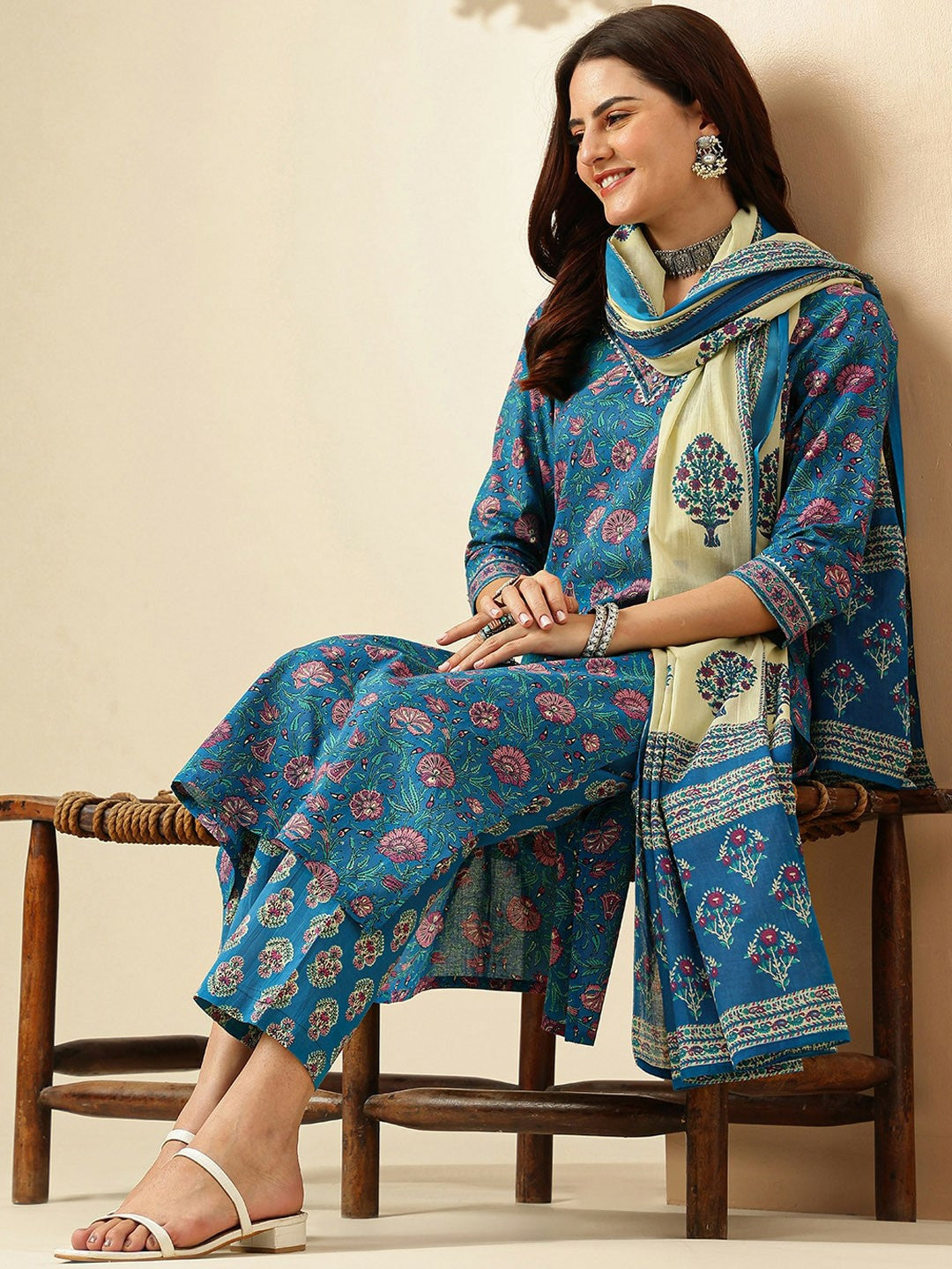 Blue Floral Printed Kurta with Trousers and Dupatta