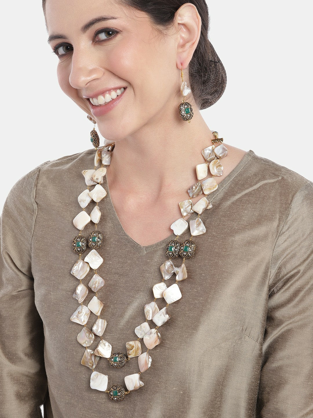Gold-Plated Off-White & Green Beaded Layered Necklace Set with Earrings