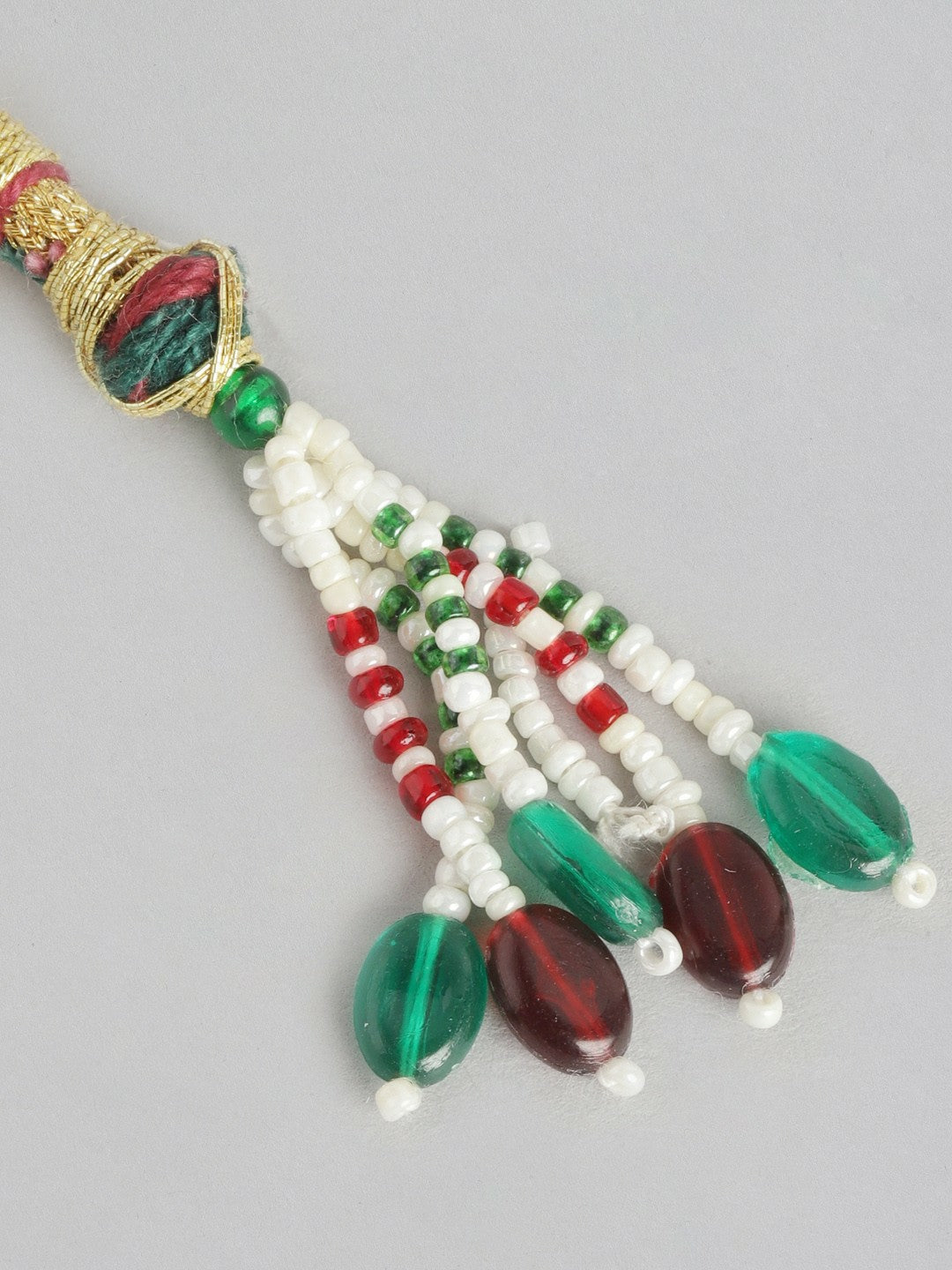 Gold-Plated Off-White & Green Beaded Layered Necklace Set with Earrings