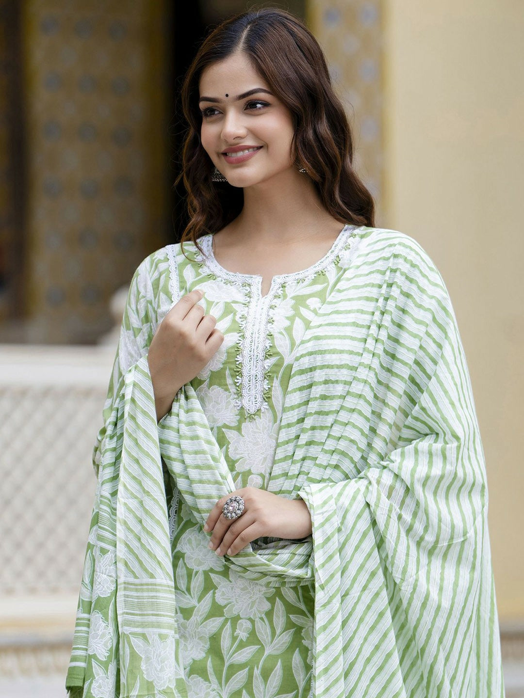Green Floral Embroidered Straight Kurta with Printed Trouser & Dupatta