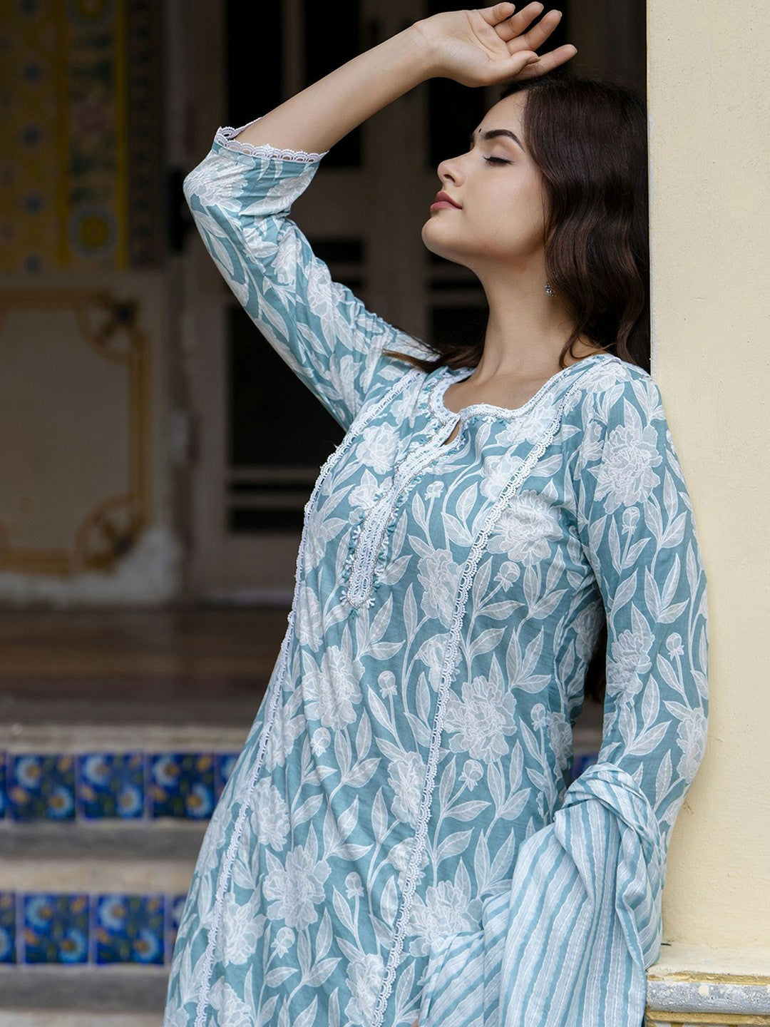 Blue Floral Embroidered Straight Kurta with Printed Trouser & Dupatta