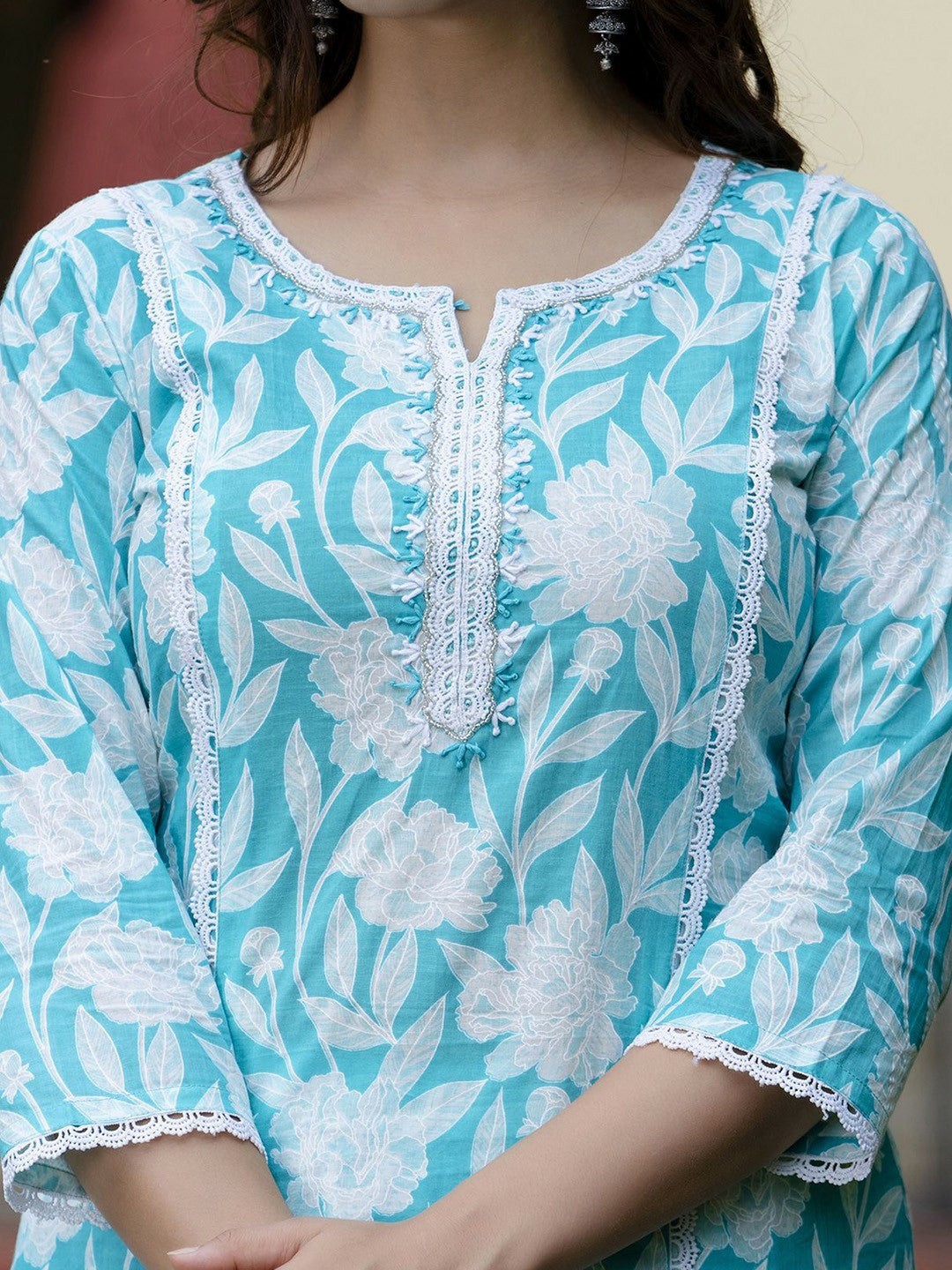 Turquoise Blue Floral Embroidered Kurta with Printed Pyjamas & Dupatta