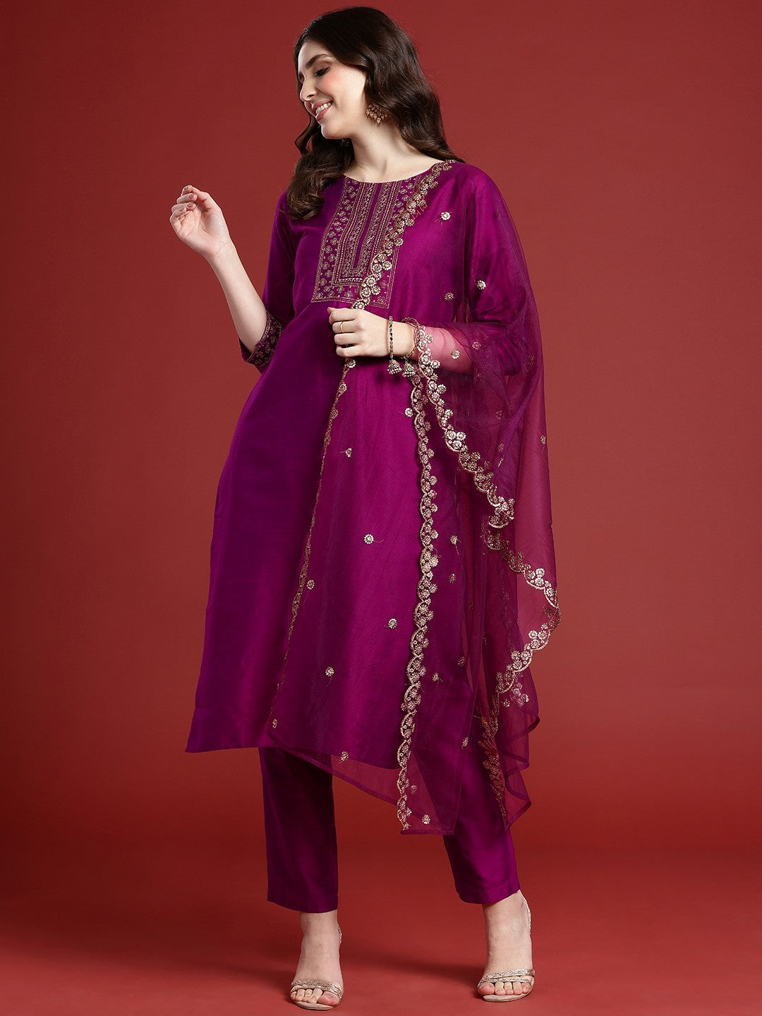 Purple Ethnic Motif Embroidered Kurta with Trousers & Dupatta