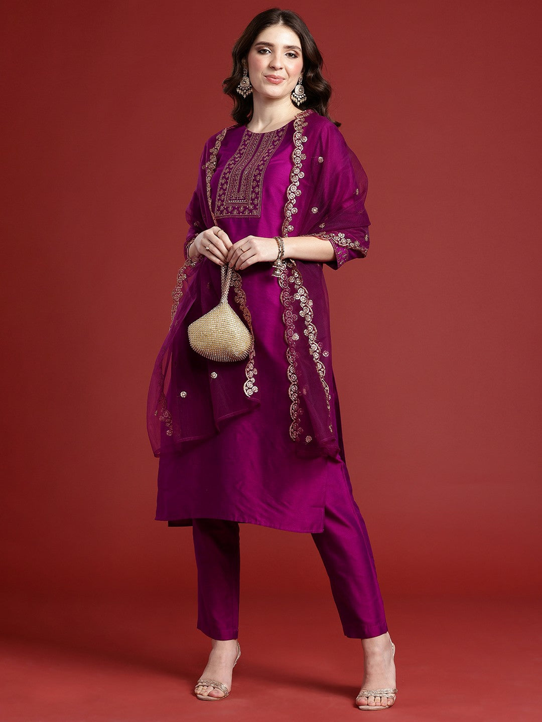Purple Ethnic Motif Embroidered Kurta with Trousers & Dupatta