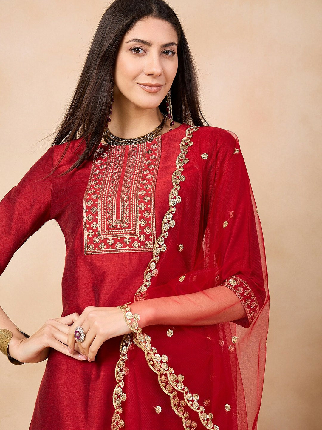 Maroon Floral Yoke Straight Kurta with Trousers & Dupatta