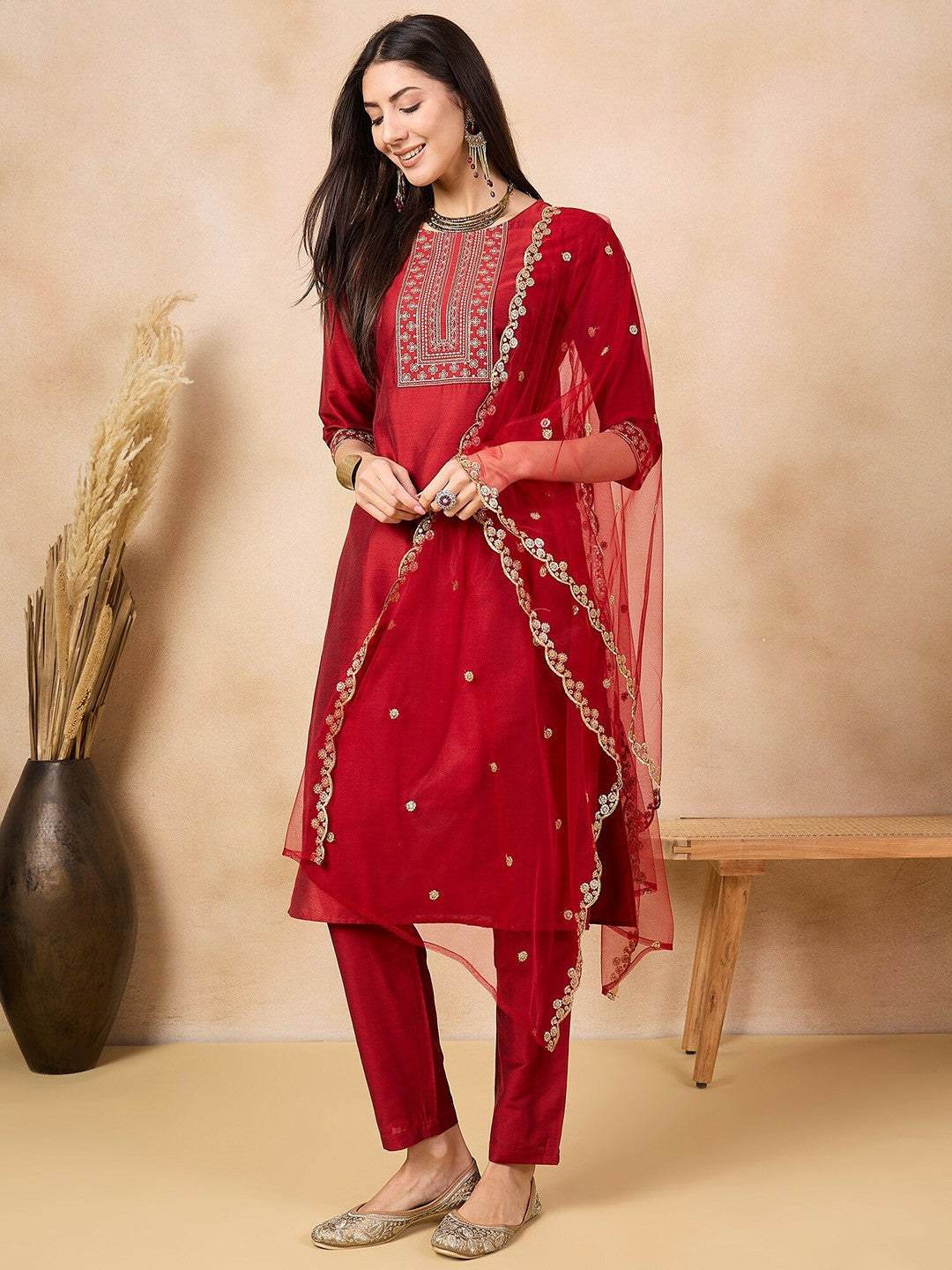 Maroon Floral Yoke Straight Kurta with Trousers & Dupatta