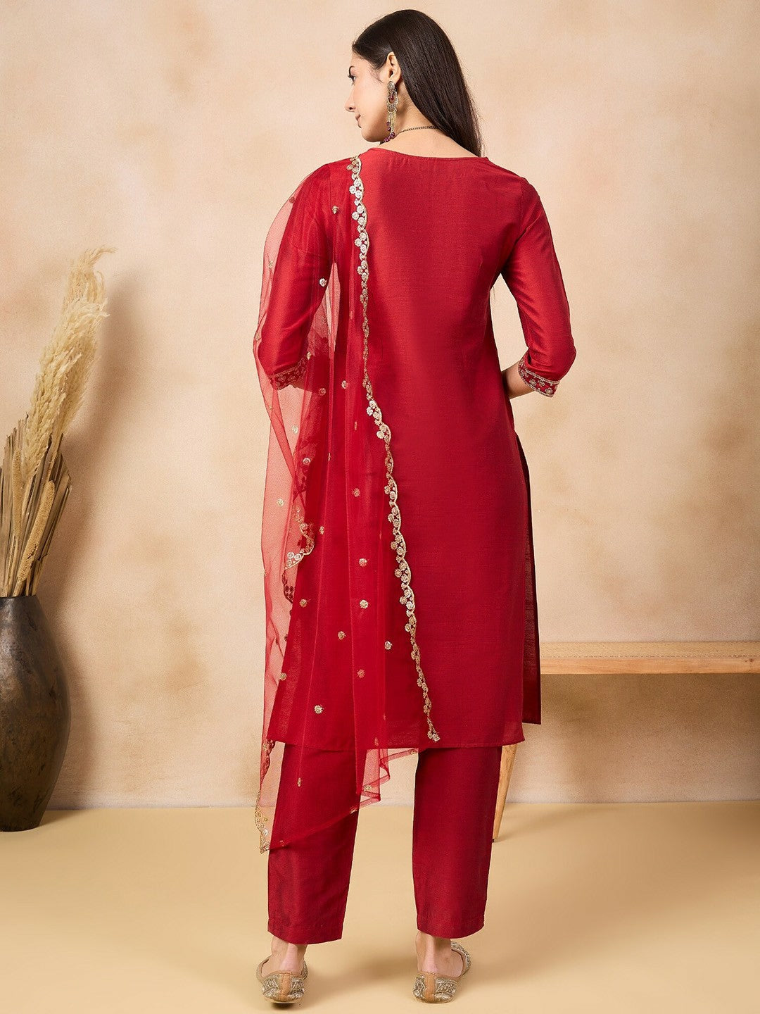 Maroon Floral Yoke Straight Kurta with Trousers & Dupatta