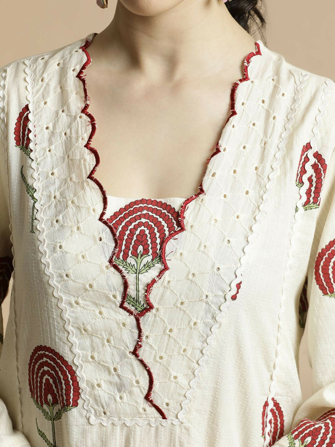 Red Floral Printed V-Neck A-Line Kurta with Palazzo