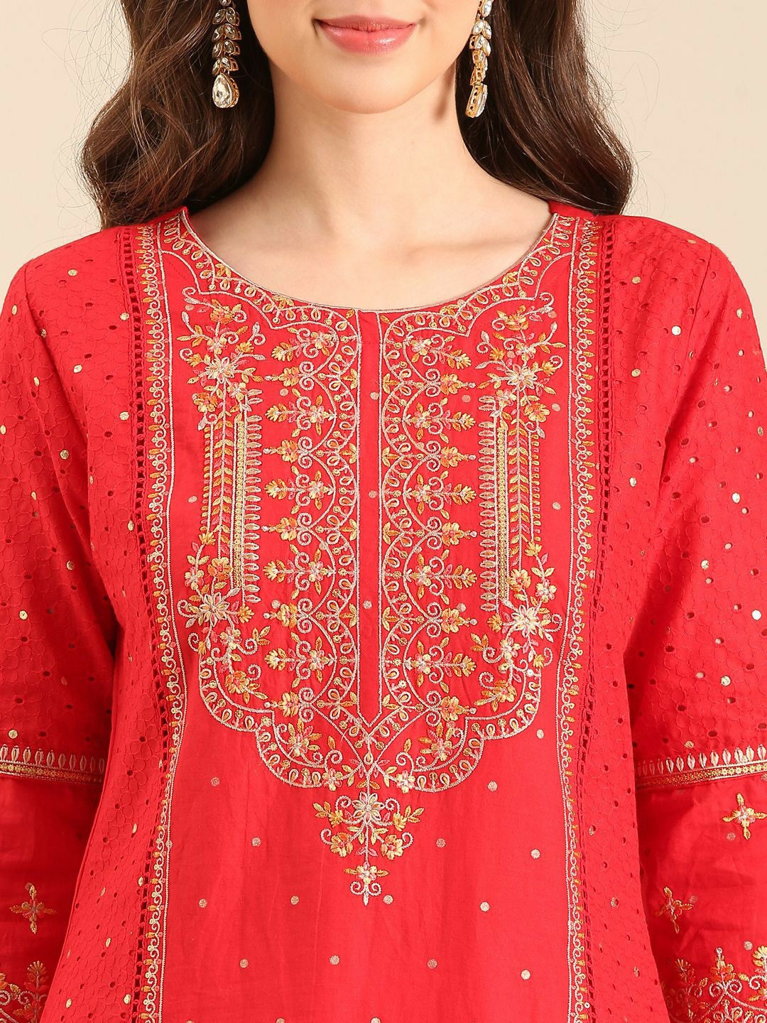 Red Floral Embroidered Straight Kurta with Palazzos and Dupatta