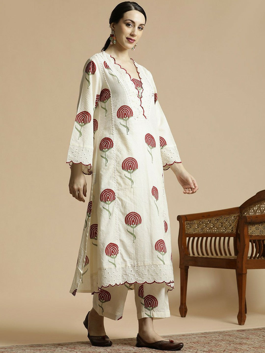 Red Floral Printed V-Neck A-Line Kurta with Palazzo