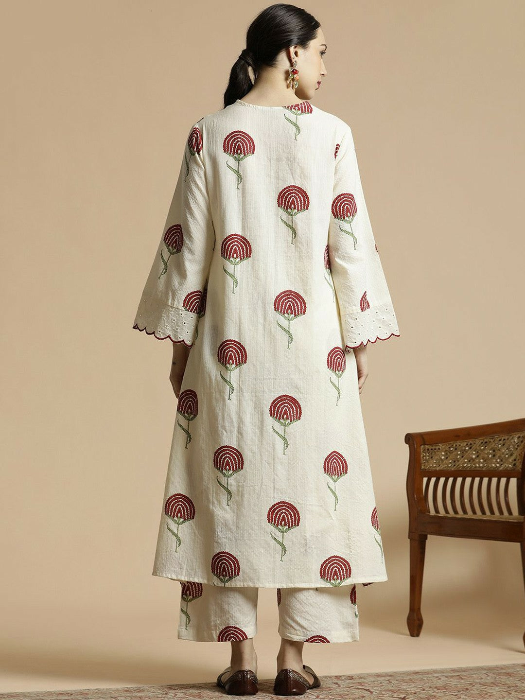 Red Floral Printed V-Neck A-Line Kurta with Palazzo