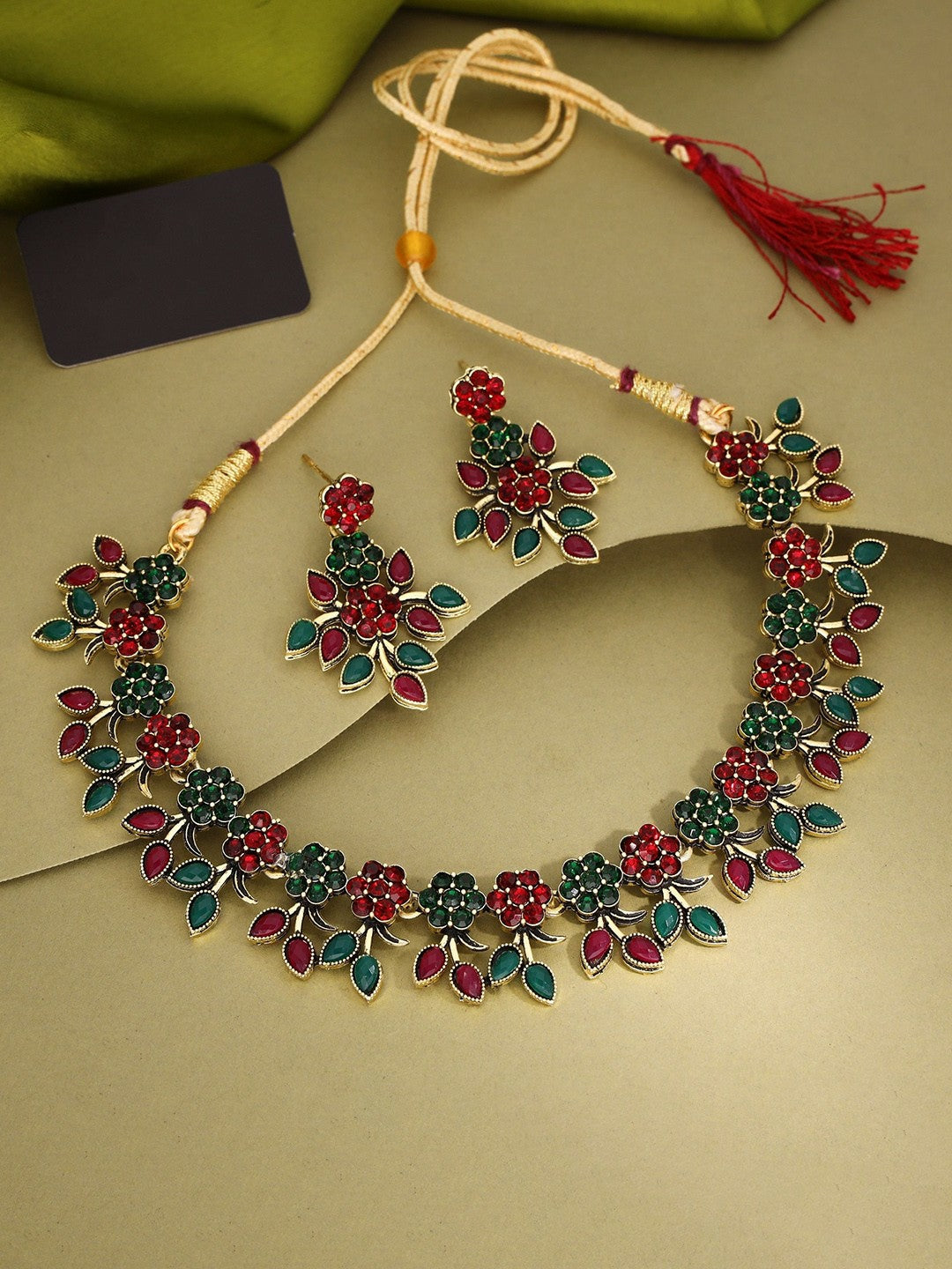 Gold Plated Maroon & Green American Diamond Choker Necklace Set with Earrings