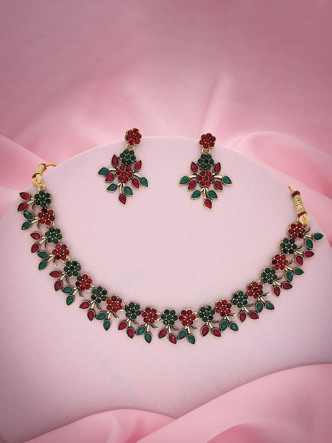 Gold Plated Maroon & Green American Diamond Choker Necklace Set with Earrings