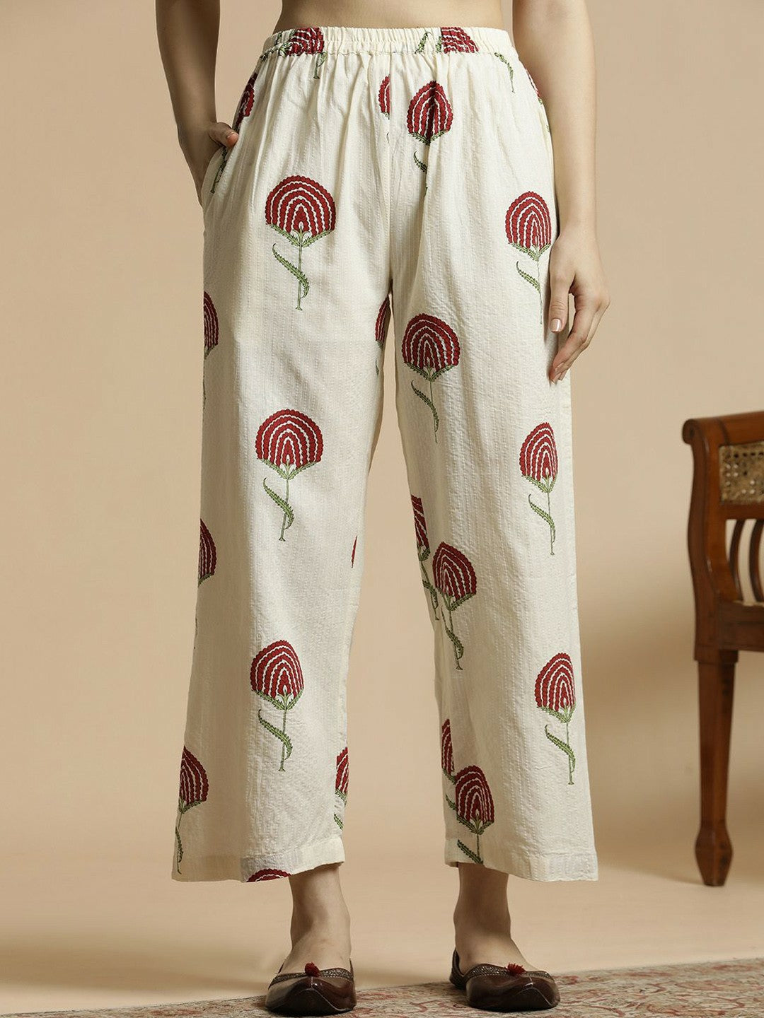 Red Floral Printed V-Neck A-Line Kurta with Palazzo