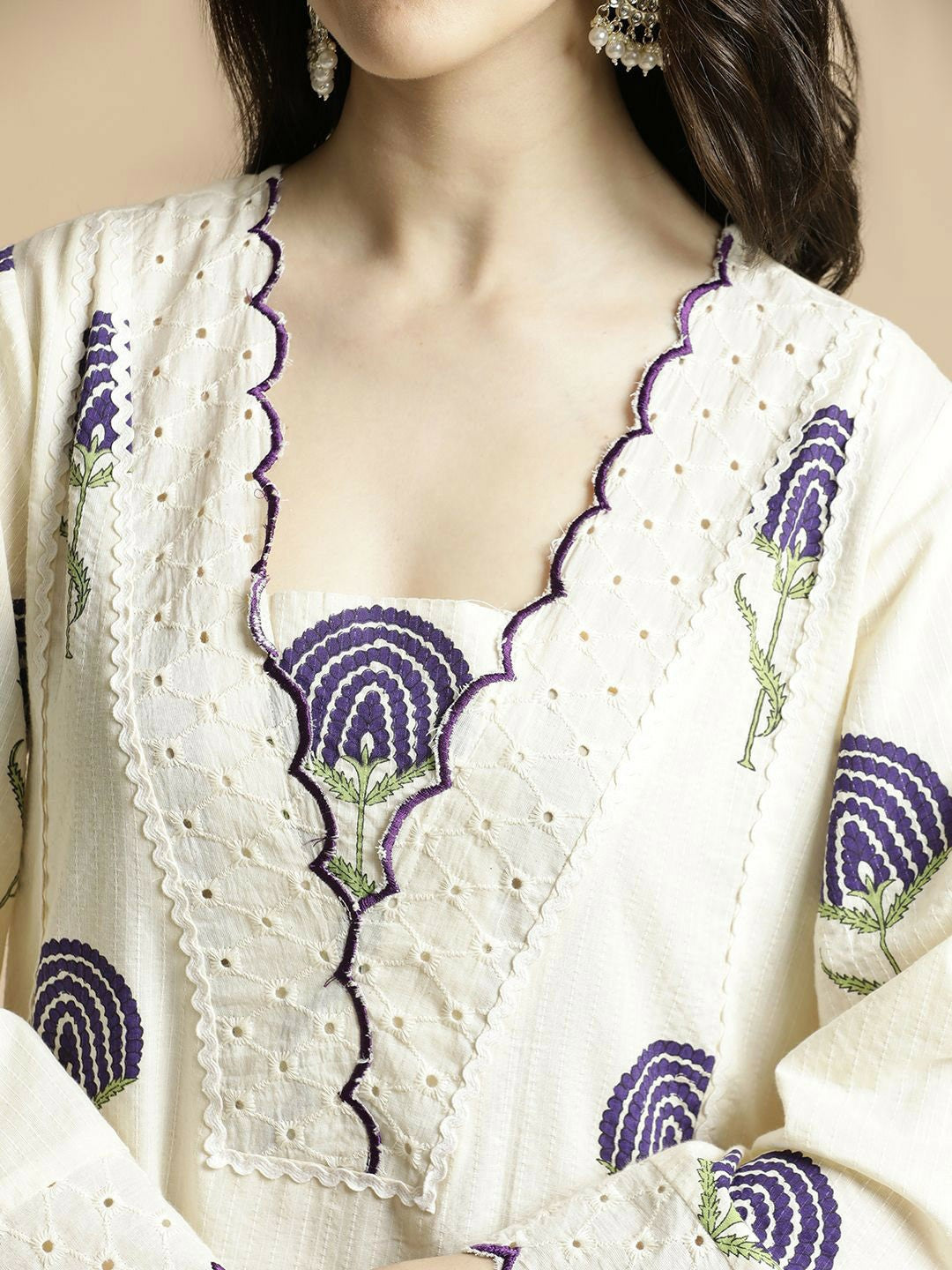 White & Navy Blue Floral Printed A-Line Kurta with Palazzos