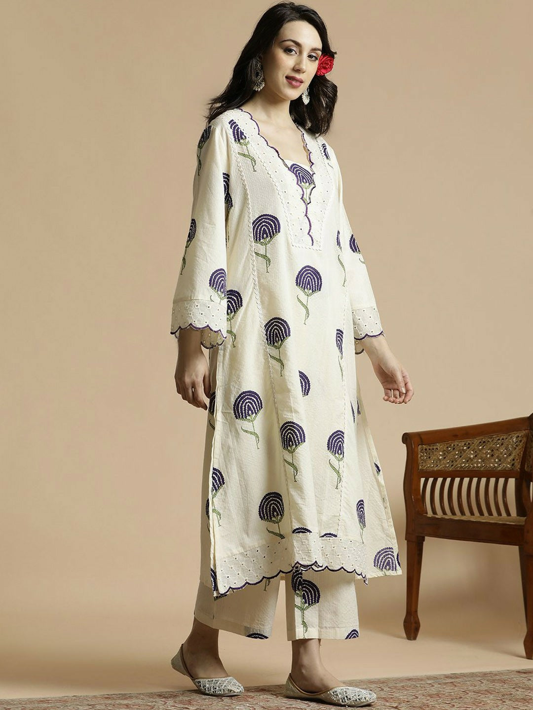White & Navy Blue Floral Printed A-Line Kurta with Palazzos